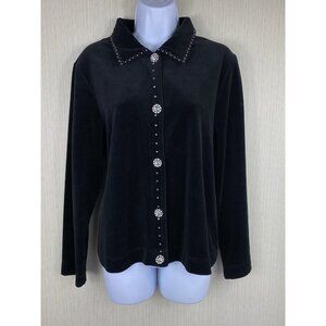 Onque Casual Black Velvet Button Front Top Rhinestones Bling Long Sleeves Size M
